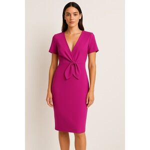 Badgley Mischka Dress 6 Fuchsia V-Neck Bow Waist Knee Length Lined NWT